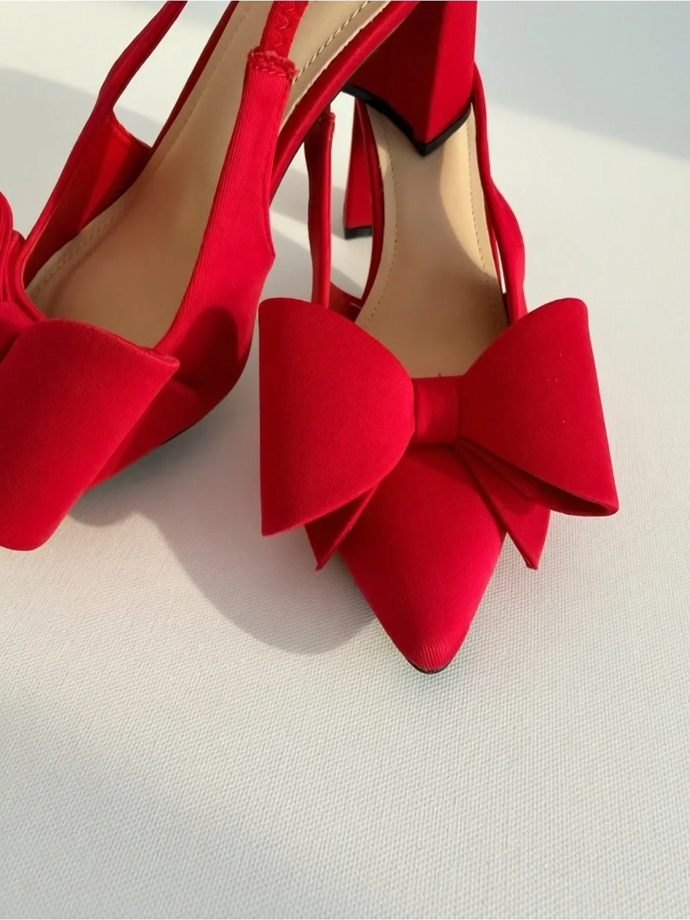 Red Bow Pointed Toe Slingback Blocked Heels- Women
